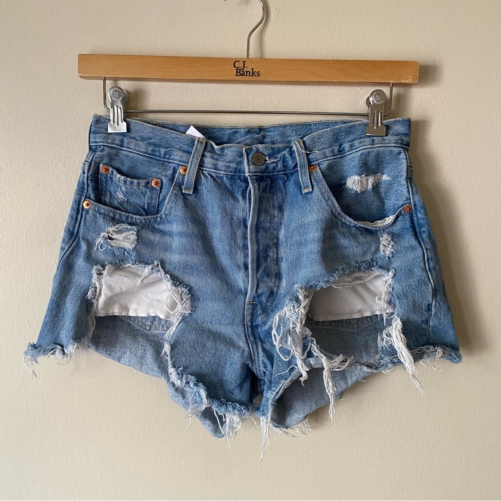 Levi’s Distressed Med Wash Button Fly Denim Shorts